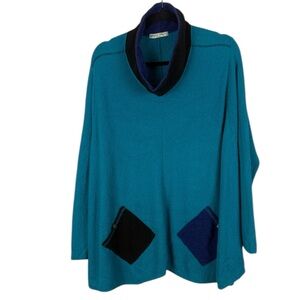 Margaret Winters Cotton Blue Black Cowl Neck Contrasting Pockets Large Tunic Top